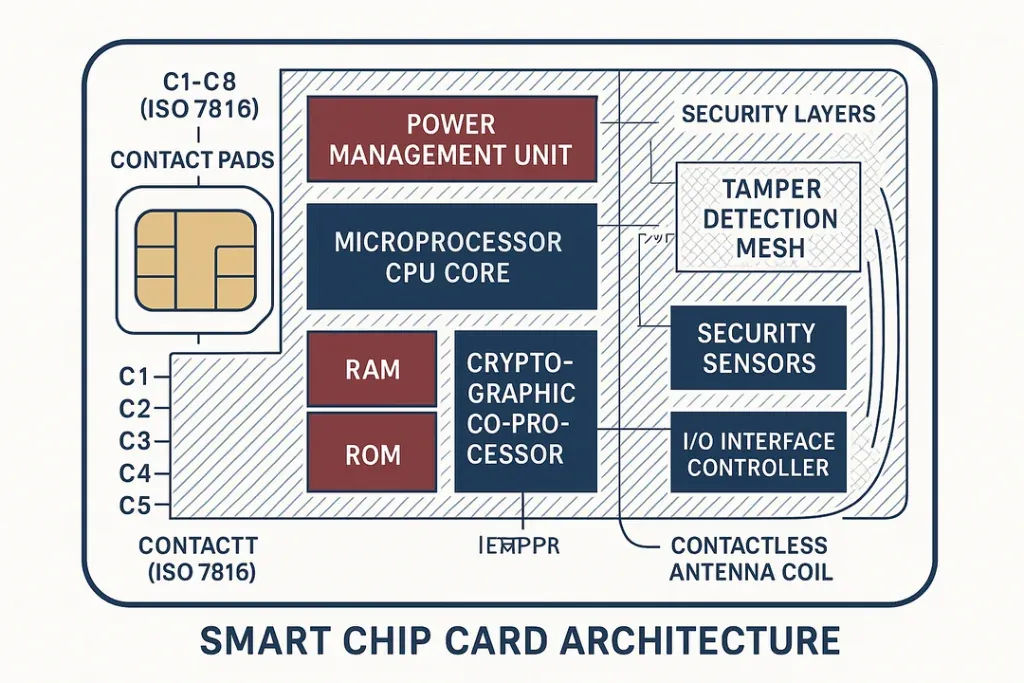 Sơ đồ kiến trúc chip thẻ thông minh gồm lõi vi xử lý, đồng xử lý mã hoá, lưới phát hiện can thiệp và cảm biến bảo mật