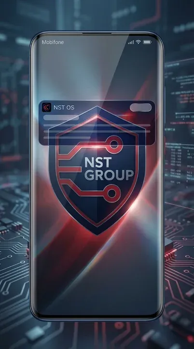 Điện thoại bảo mật chạy hệ điều hành NST OS với biểu tượng khiên NST Group trên màn hình