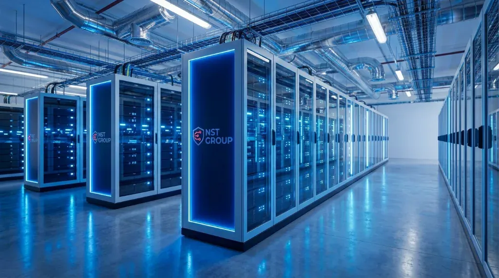 Dãy tủ rack máy chủ trong trung tâm dữ liệu mang thương hiệu NST Group