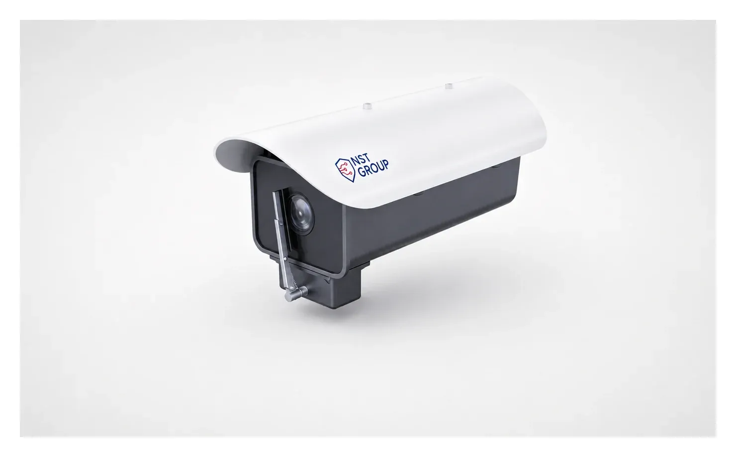 Camera AI NST-TB-8000 dạng bullet trong vỏ bảo vệ ngoài trời màu trắng, mang logo NST Group